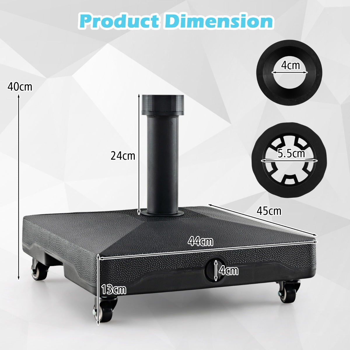 Mobile umbrella base with four wheels makes it easy to reposition a patio parasol outdoors