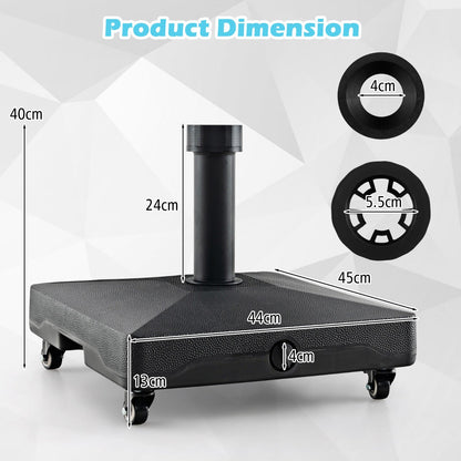 Mobile umbrella base with four wheels makes it easy to reposition a patio parasol outdoors