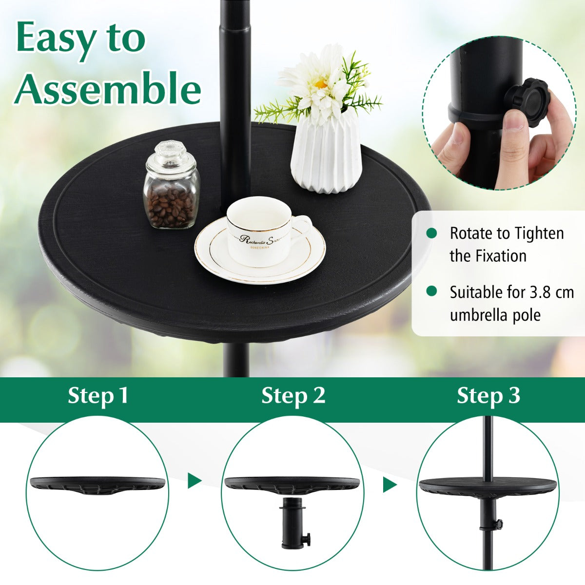 Easy-care PE tabletop cleans quickly with a damp cloth after outdoor meals and refreshments