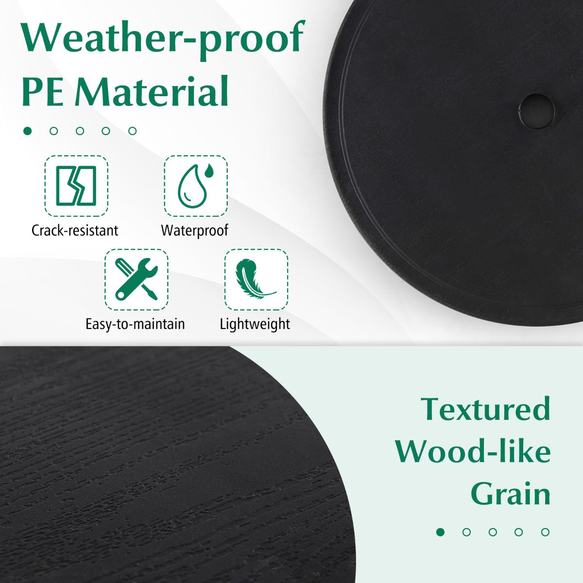 Easy-care PE tabletop cleans quickly with a damp cloth after outdoor meals and refreshments