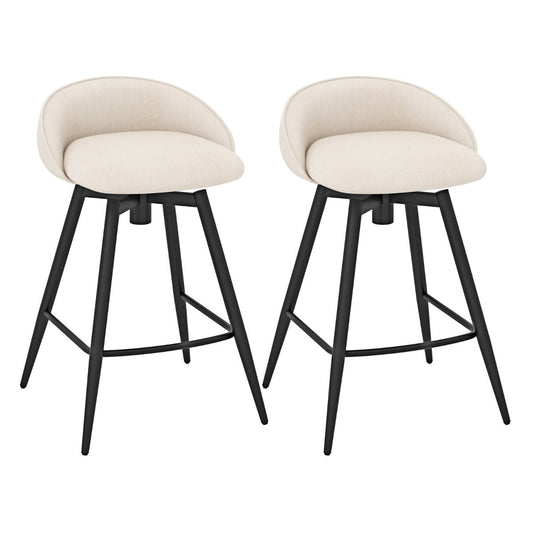 Modern beige and black bar stools with 360-degree swivel seats for flexible social seating