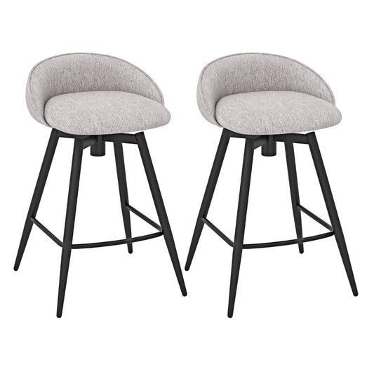 Set of two beige and black or gray and black swivel bar stools with upholstered linen seats