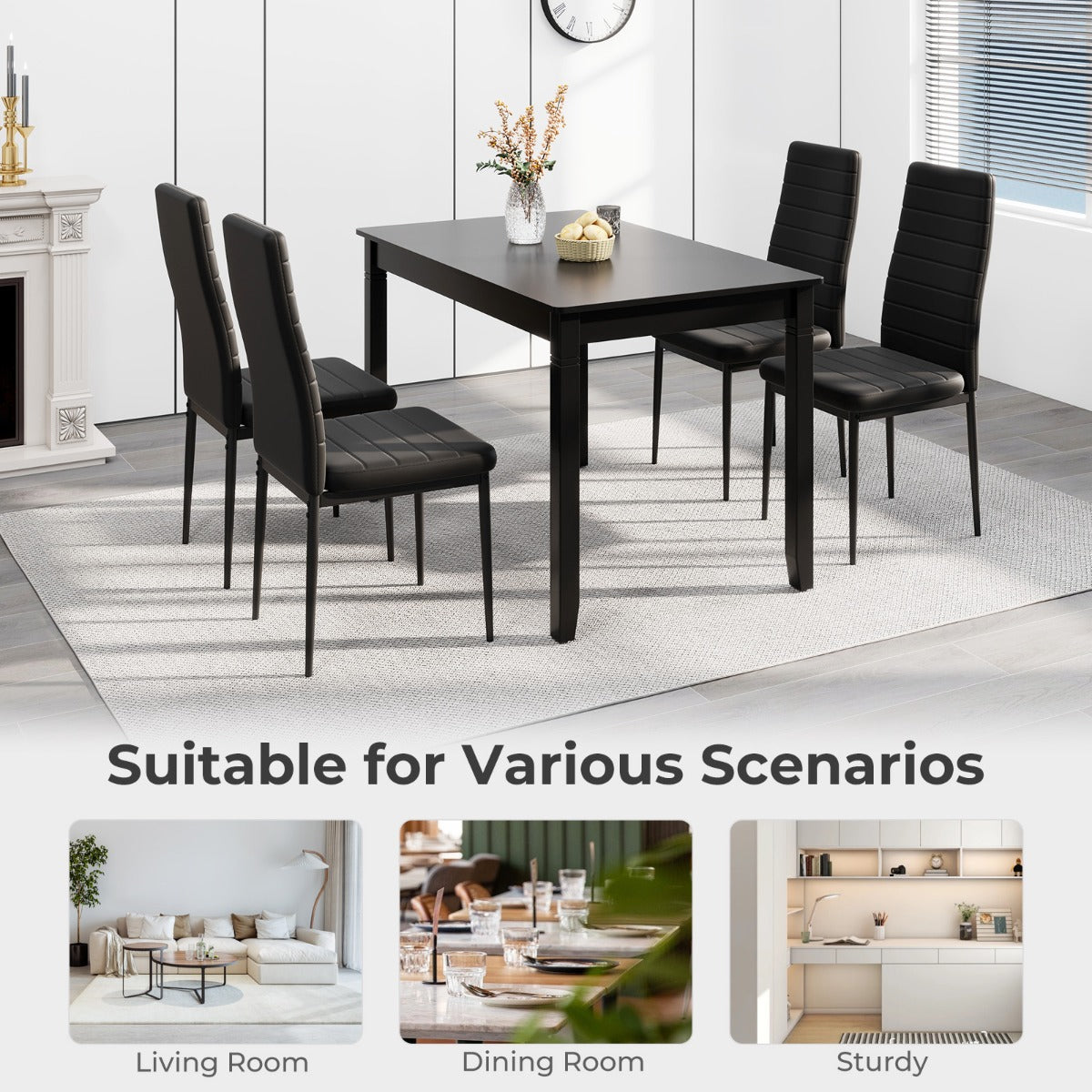 Upholstered Dining Chair Set of 4 with Padded Backrest and Seat-Black