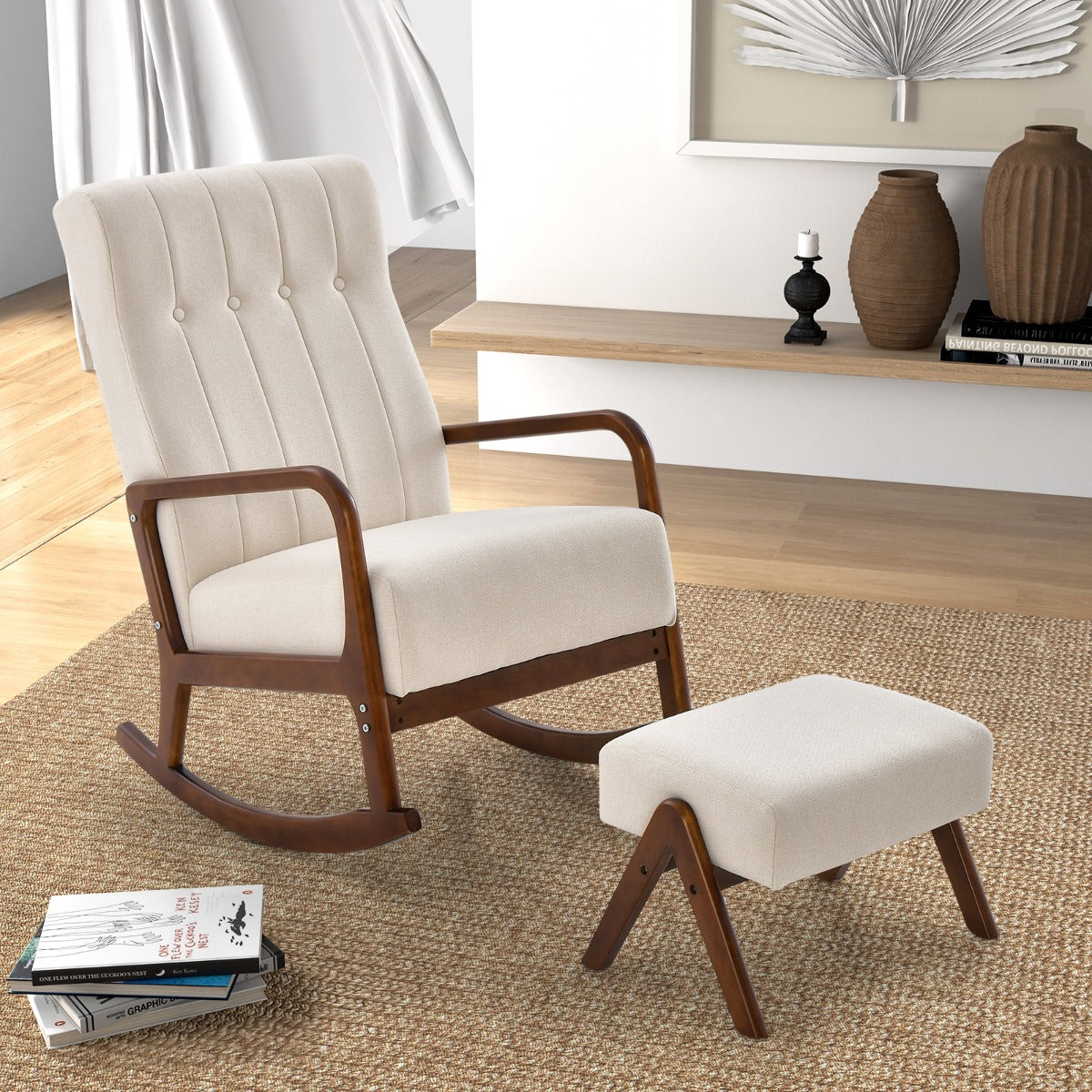 Costway Upholstered Fabric Rocking Chair with Ottoman and Wood Frame-Beige