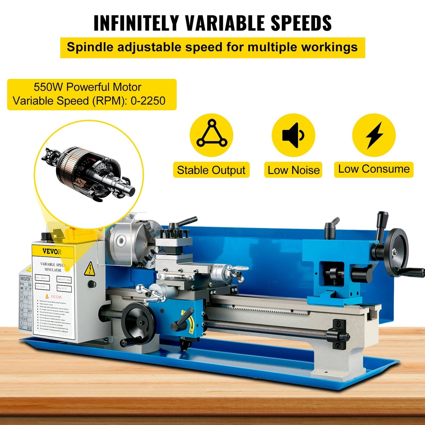 Compact Metal Lathe 0-2250 RPM, 74.7 cm x 22 cm, with Variable Speed Control