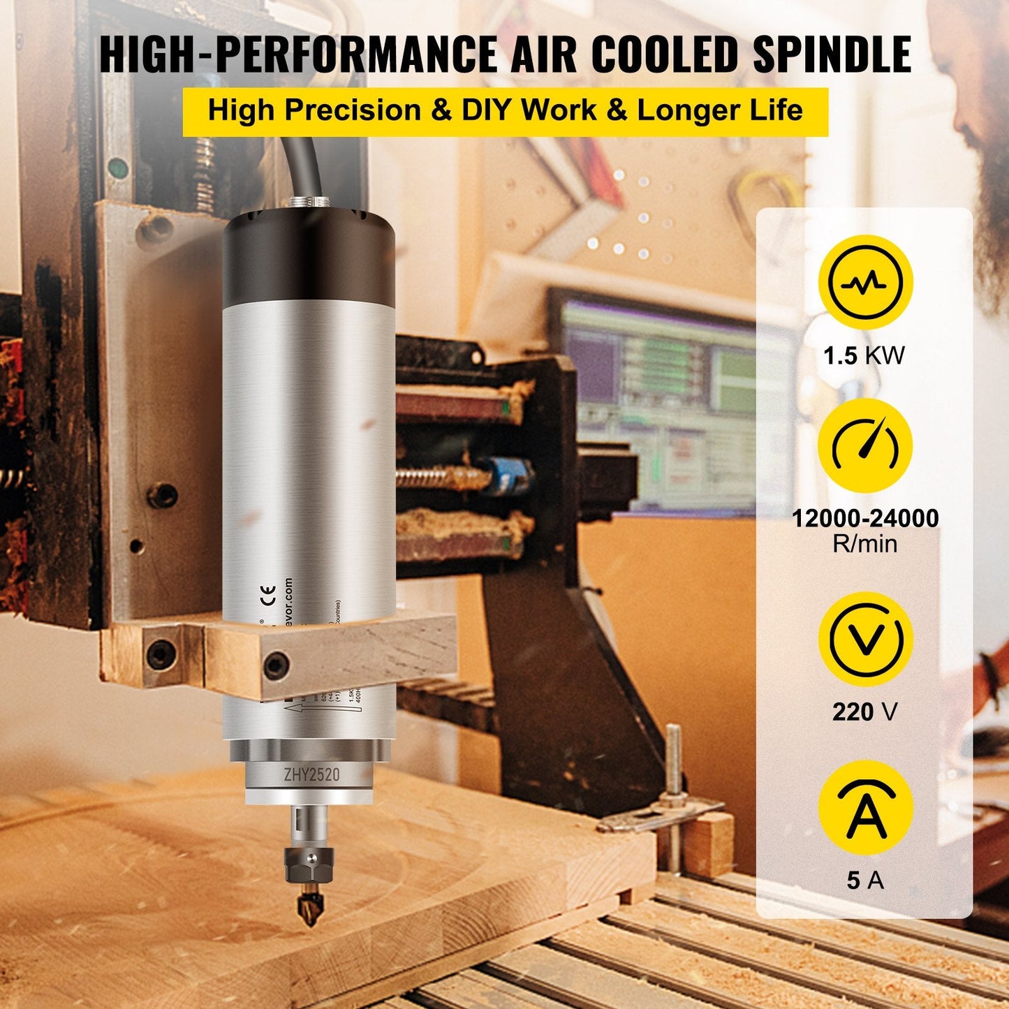1.5KW CNC Air-Cooled Spindle Motor, 220V, 6.5 x 23.9 cm, 3.5 kg, 12000-24000 RPM