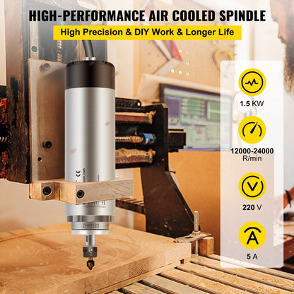 1.5KW CNC Air-Cooled Spindle Motor, 220V, 6.5 x 23.9 cm, 3.5 kg, 12000-24000 RPM