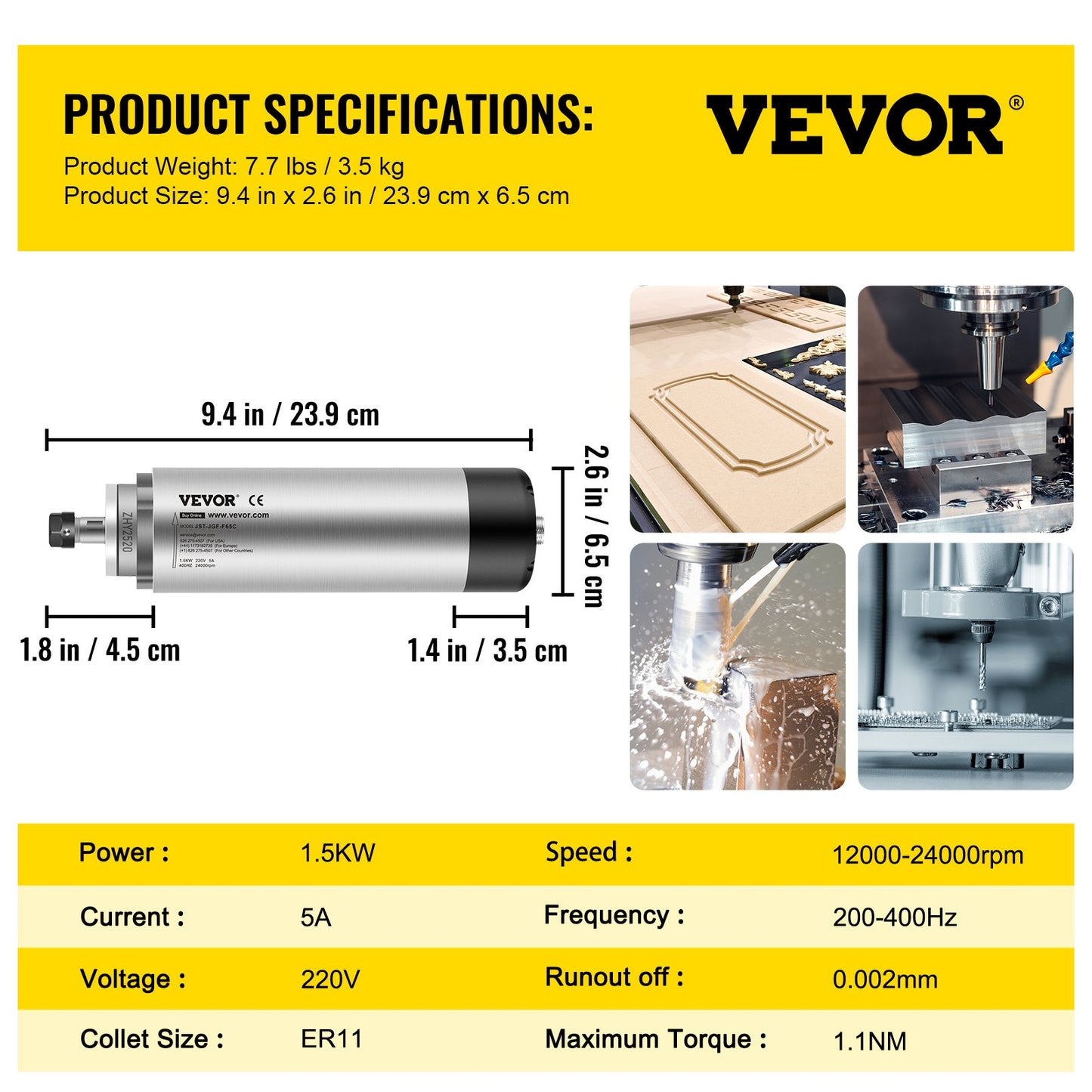 VEVOR Air Cooled Spindle Motor 220V 1.5KW CNC Spindle Motor Air Cooled Motor Spindle