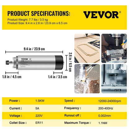 1.5KW CNC Air-Cooled Spindle Motor, 220V, 6.5 x 23.9 cm, 3.5 kg, 12000-24000 RPM