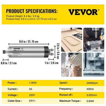 1.5KW Water Cooled Spindle Motor, High-Speed CNC Spindle Motor 4 Bearings 24000RPM 400HZ for Engraving Milling & Grinding Machine