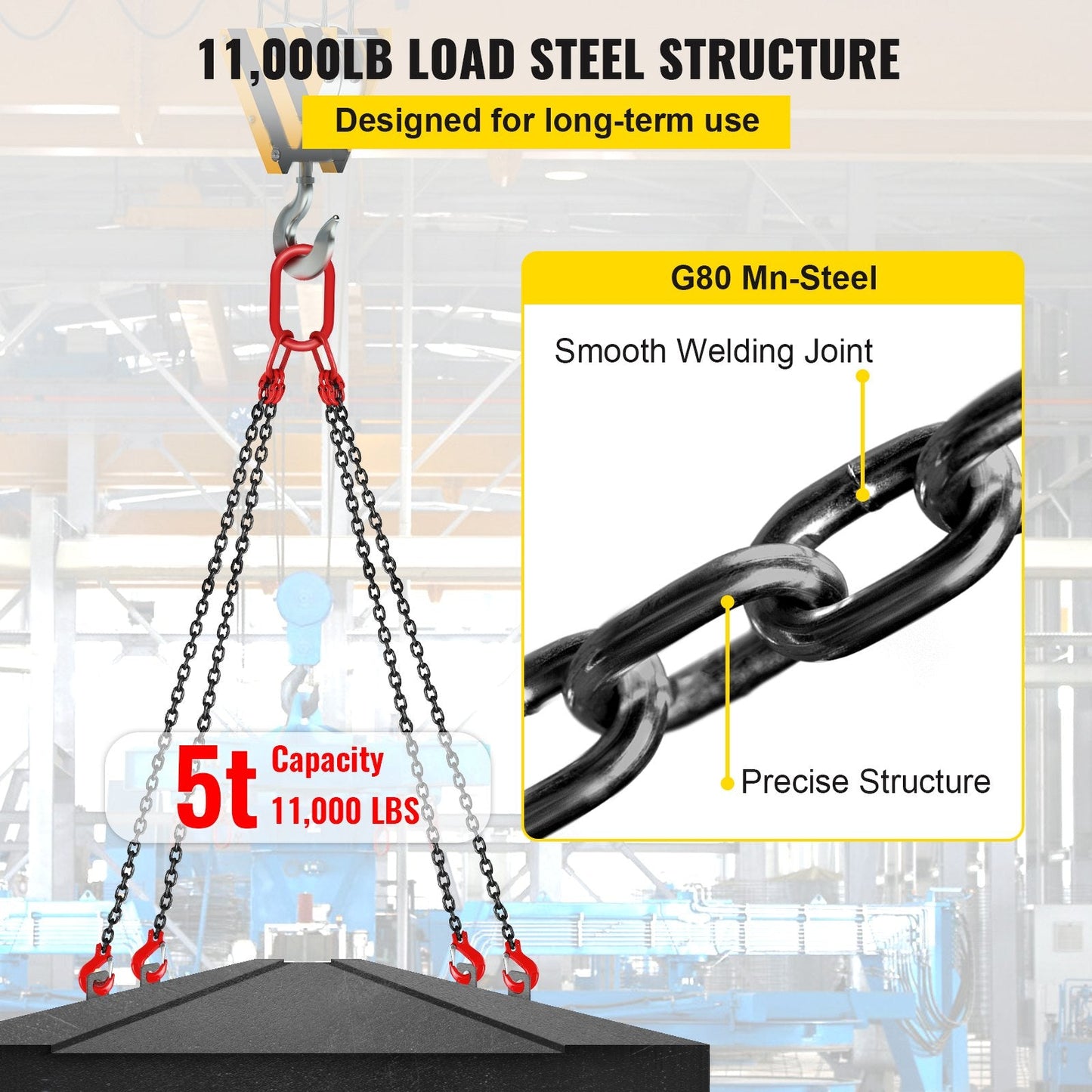 Heavy Duty 4-Leg Chain Sling, 8mm G80 Alloy Steel, 5T Capacity, 1.5m Length