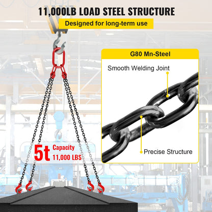 Heavy Duty 4-Leg Chain Sling, 8mm G80 Alloy Steel, 5T Capacity, 1.5m Length