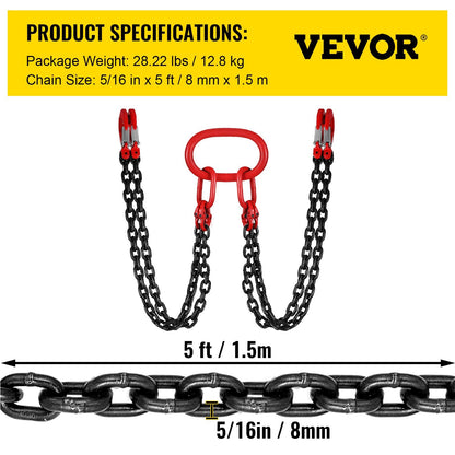 Heavy Duty 4-Leg Chain Sling, 8mm G80 Alloy Steel, 5T Capacity, 1.5m Length