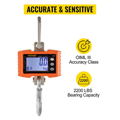 Industrial Digital 1000KG Crane Scale with LED Display, Orange, Heavy Duty
