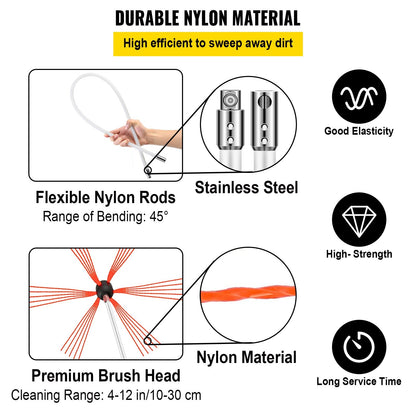 Flexible 10m Chimney Cleaning Kit with Nylon Brush and 10 Rods