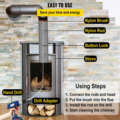 Flexible 10m Chimney Cleaning Kit with Nylon Brush and 10 Rods