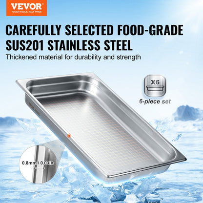 6-Pack Full-Size Stainless Steel Hotel Pans, 0.8mm Thick, 5.4 kg, 67 mm Deep
