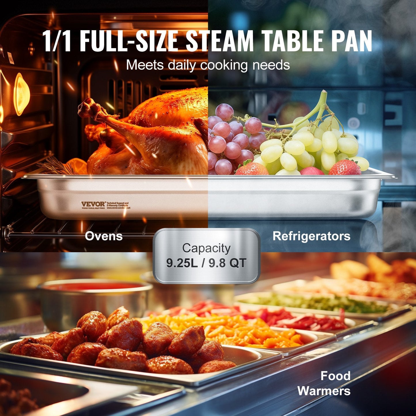 6-Pack Full-Size Stainless Steel Hotel Pans, 0.8mm Thick, 5.4 kg, 67 mm Deep