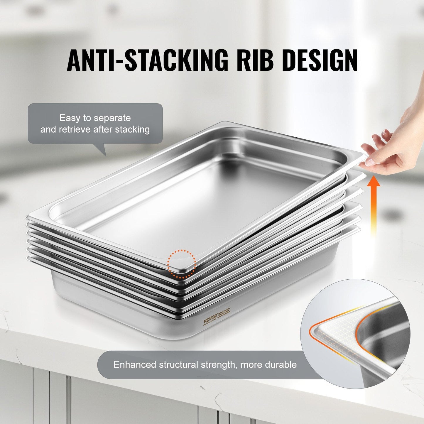 6-Pack Full-Size Stainless Steel Hotel Pans, 0.8mm Thick, 5.4 kg, 67 mm Deep