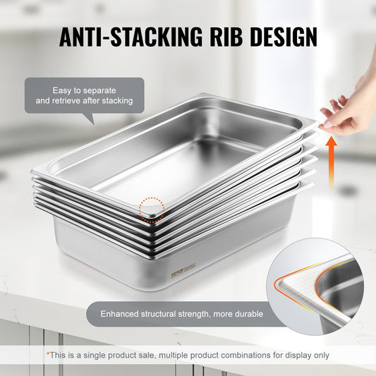 Stainless Steel Full-Size Anti-Jam Steam Pan, 4m Deep, 13.9L Capacity
