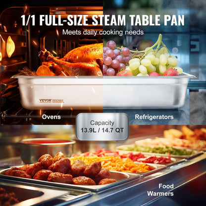 6-Pack Full-Size Stainless Steel Hotel Pans, 0.8mm Thick, 4m Deep, 13.9L Capacity