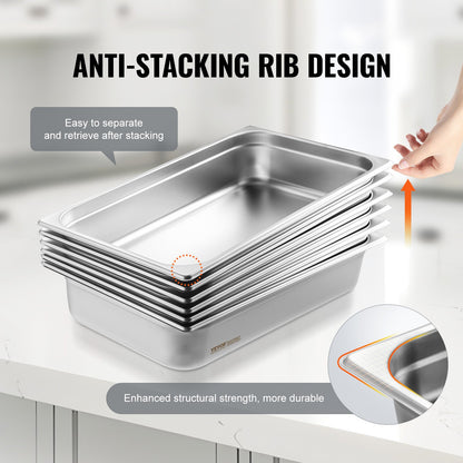 VEVOR 6 Pack Hotel Pans, Full Size Anti-Jam Steam Pan, 0.8mm Thick Stainless Steel