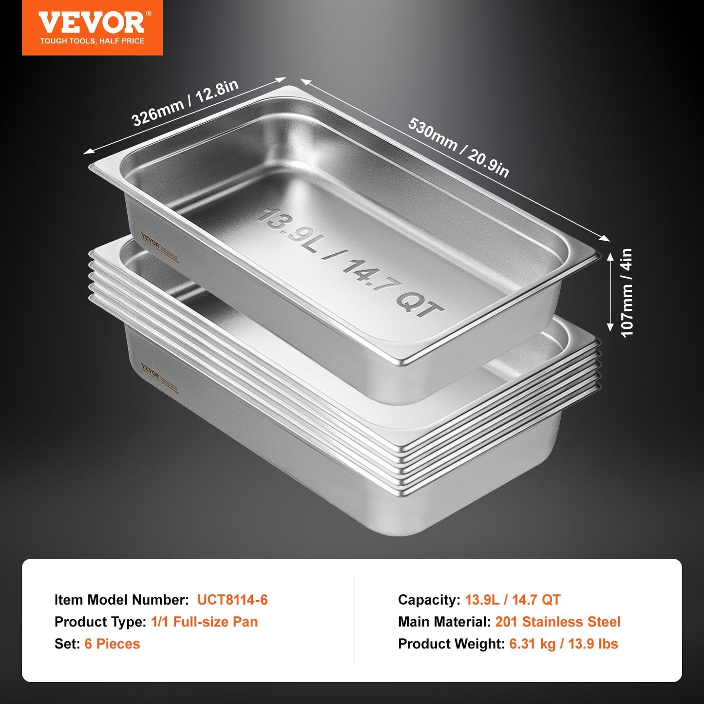 6-Pack Full-Size Stainless Steel Hotel Pans, 0.8mm Thick, 4m Deep, 13.9L Capacity