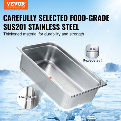 6-Pack Full Size Stainless Steel Hotel Pans, 0.8mm Thick, 15cm Deep