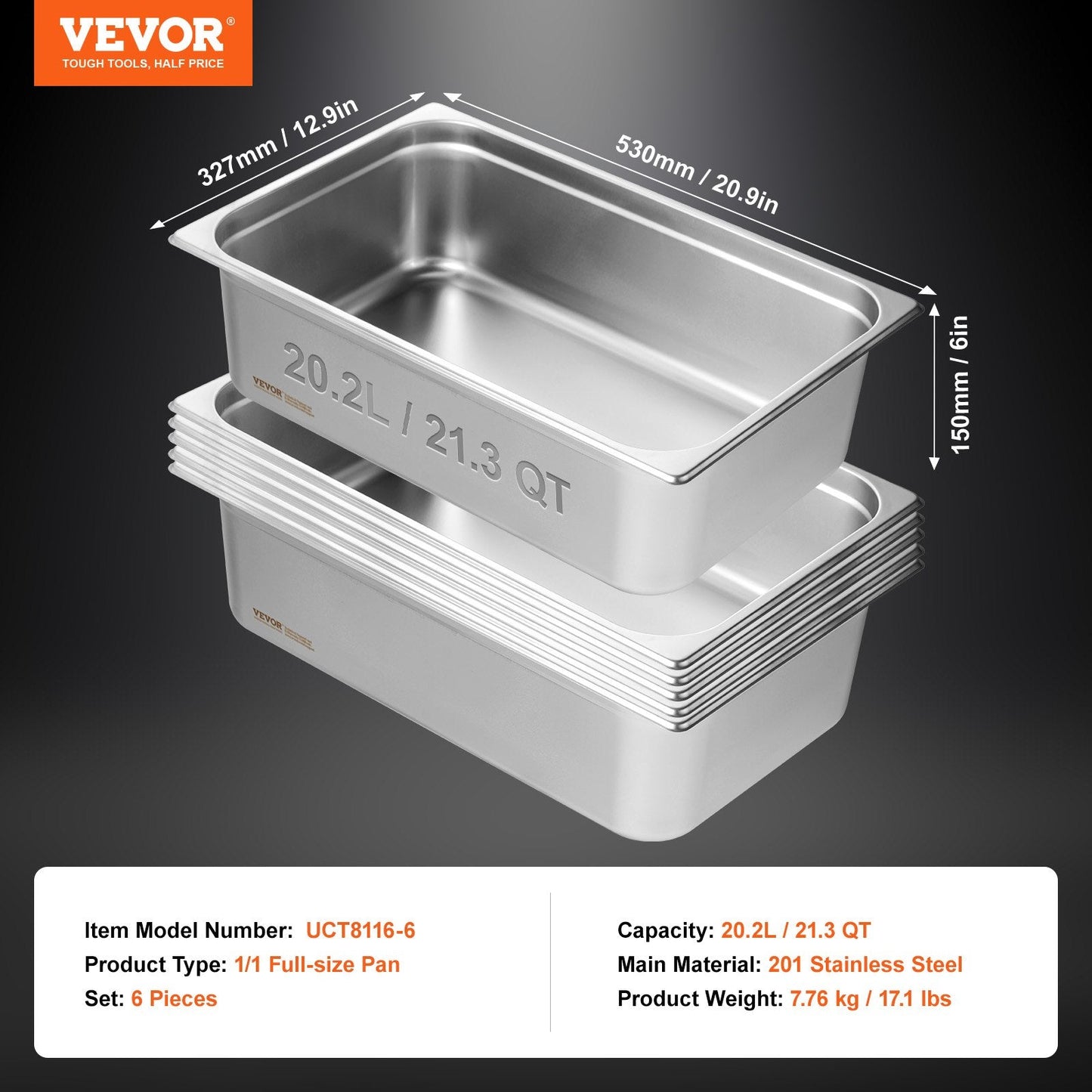 6-Pack Full Size Stainless Steel Hotel Pans, 0.8mm Thick, 15cm Deep