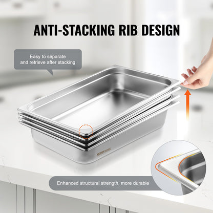 VEVOR 4 Pack Hotel Pans, Full Size Anti-Jam Steam Pan with Lid, 0.8mm Thick Stainless