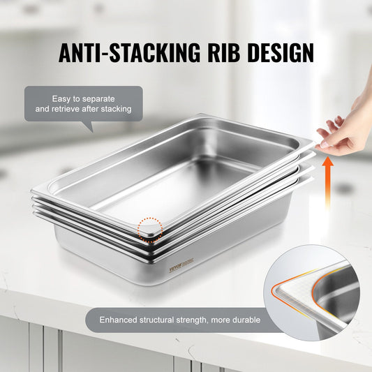 Stainless Steel Full Size Hotel Pans with Lids, 4-Pack, 0.8mm Thick, 13.9L Capacity