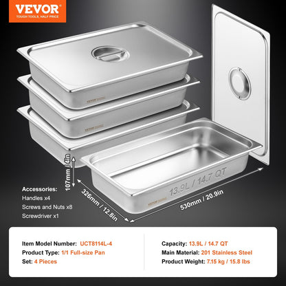Stainless Steel Full Size Hotel Pans with Lids, 4-Pack, 0.8mm Thick, 13.9L Capacity