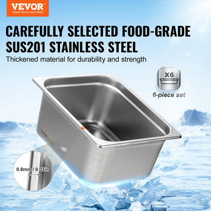VEVOR 6 Pack Hotel Pans, 1/2 Size Anti-Jam Steam Pan, 0.8mm Thick Stainless Steel