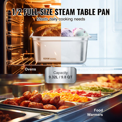 VEVOR 6 Pack Hotel Pans, 1/2 Size Anti-Jam Steam Pan, 0.8mm Thick Stainless Steel