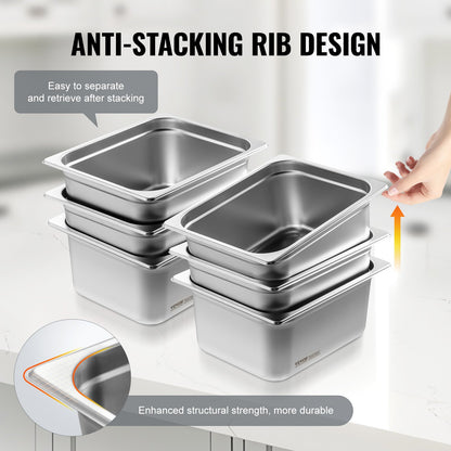 VEVOR 6 Pack Hotel Pans, 1/2 Size Anti-Jam Steam Pan, 0.8mm Thick Stainless Steel
