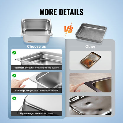 VEVOR 6 Pack Hotel Pans, 1/2 Size Anti-Jam Steam Pan, 0.8mm Thick Stainless Steel
