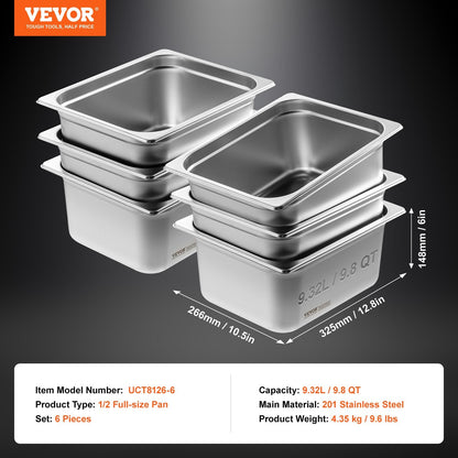 6 Pack Stainless Steel Anti-Jam Pans, 1/2 Size, 0.15m Deep, Commercial Use