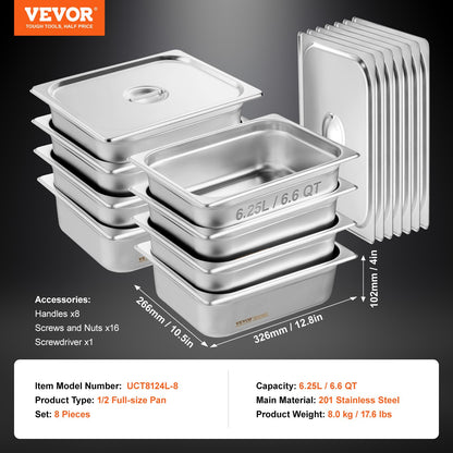 VEVOR 8 Pack Hotel Pans, 1/2 Size Anti-Jam Steam Pan with Lid, 0.8mm Thick Stainless