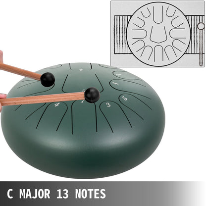 13-Note Steel Tongue Drum, 30cm Diameter, Green C Major Percussion Instrument