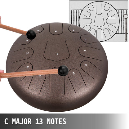 Steel Tongue Drum, 30cm, 13 Notes, C Major with Accessories, Chestnut Color