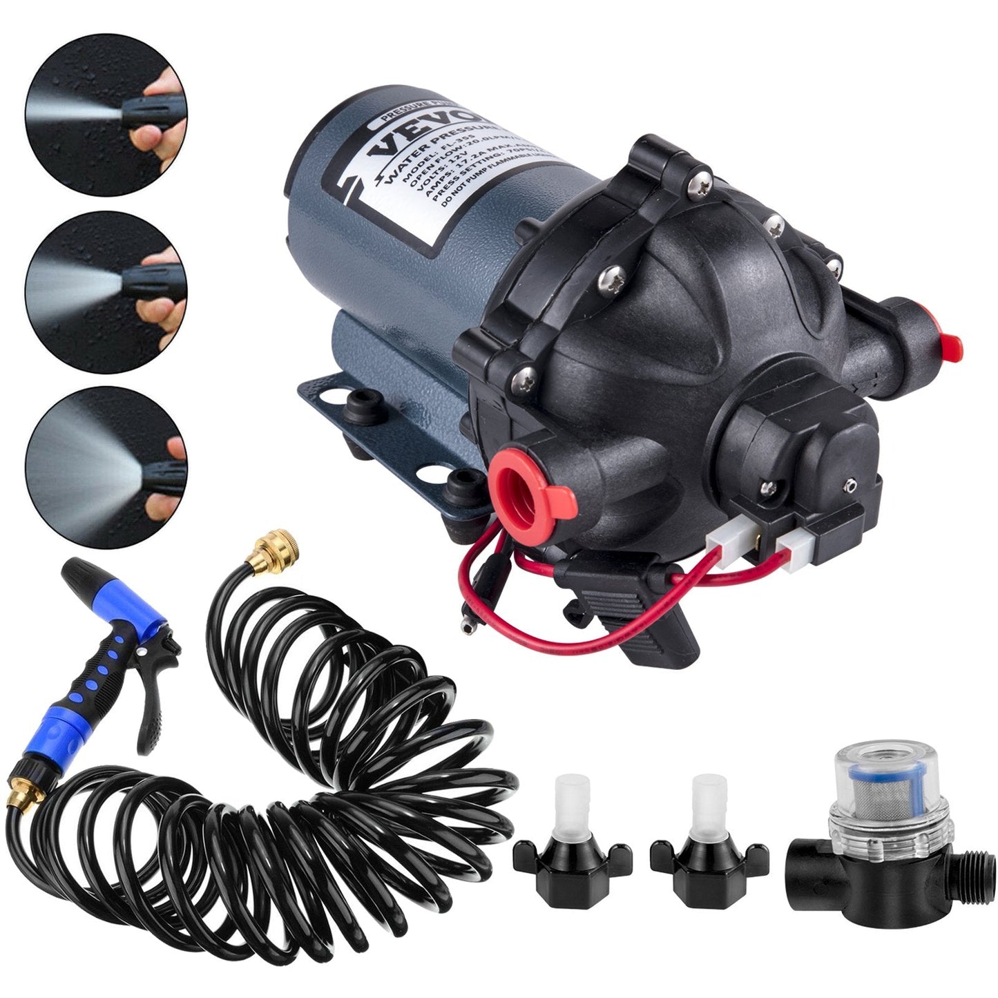 12V RV Water Pump, 20 L/min, 70 PSI, with 7.6m Hose for Marine and Caravan
