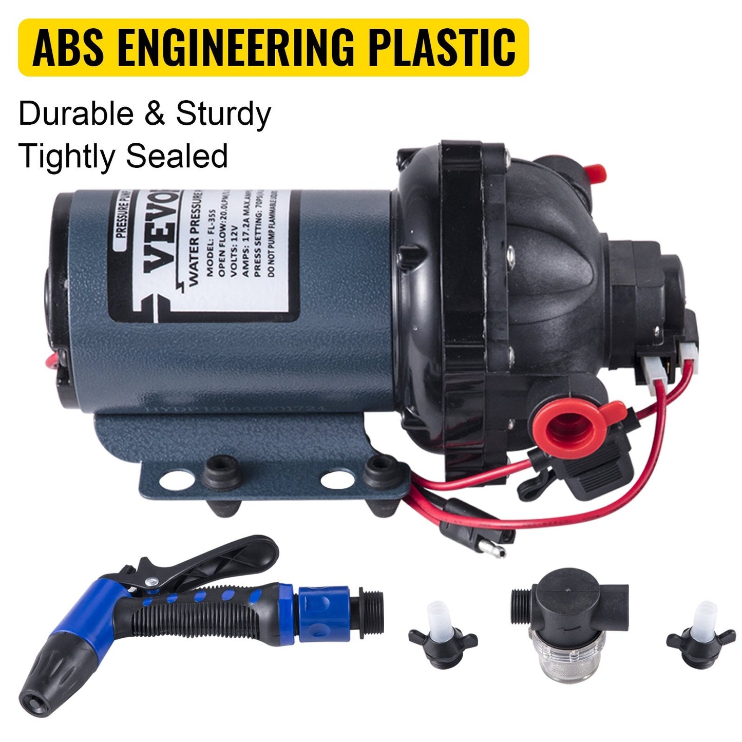 12V RV Water Pump, 20 L/min, 70 PSI, with 7.6m Hose for Marine and Caravan