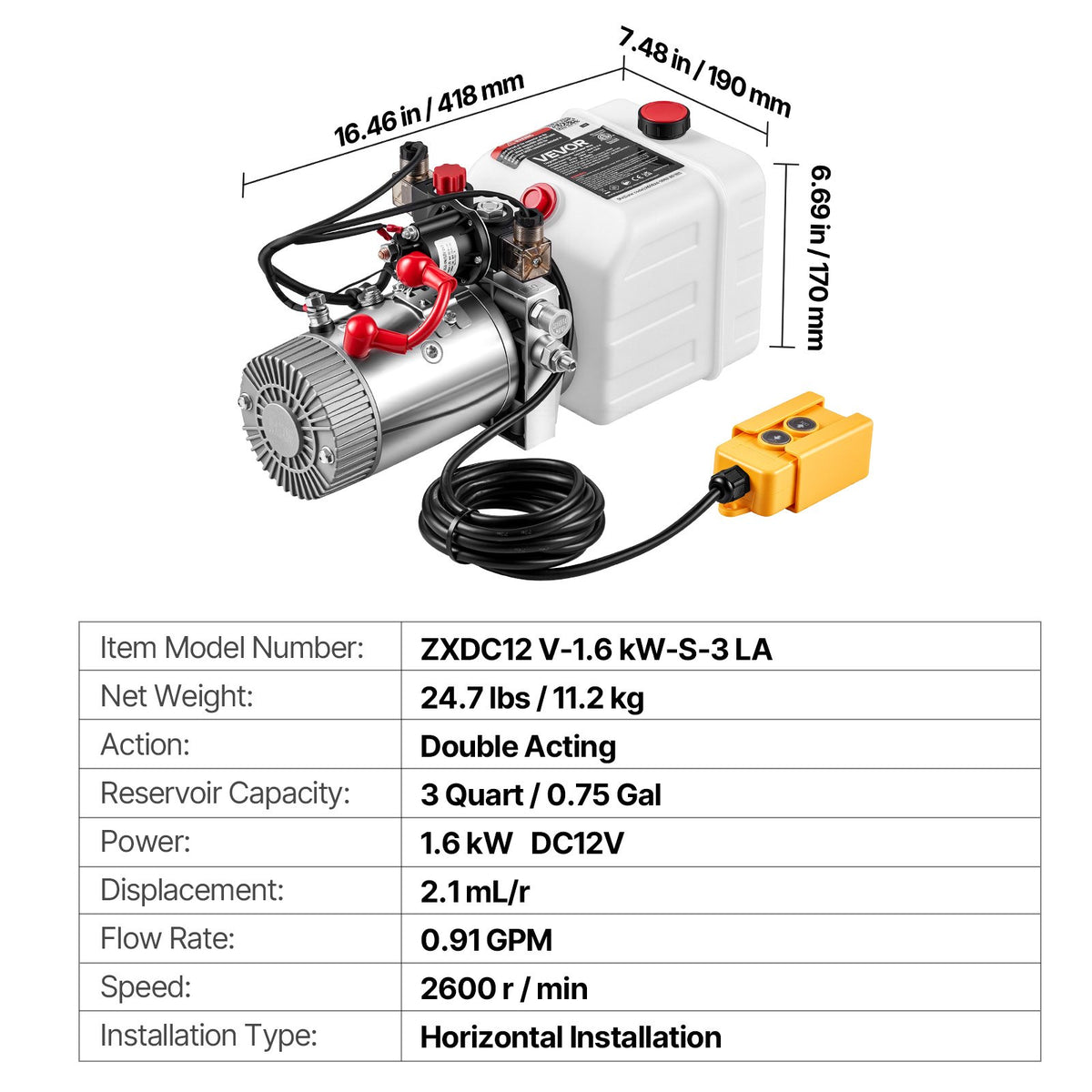 3L Hydraulic Pump, Double Acting Dump Trailer Pump, 22Mpa Max Relief Pressure & 3.4L/min Flow Rate, DC 12V 1.6KW Hydraulic Power Unit for Dump Trailer Car Lifting (Horizontal Installation)