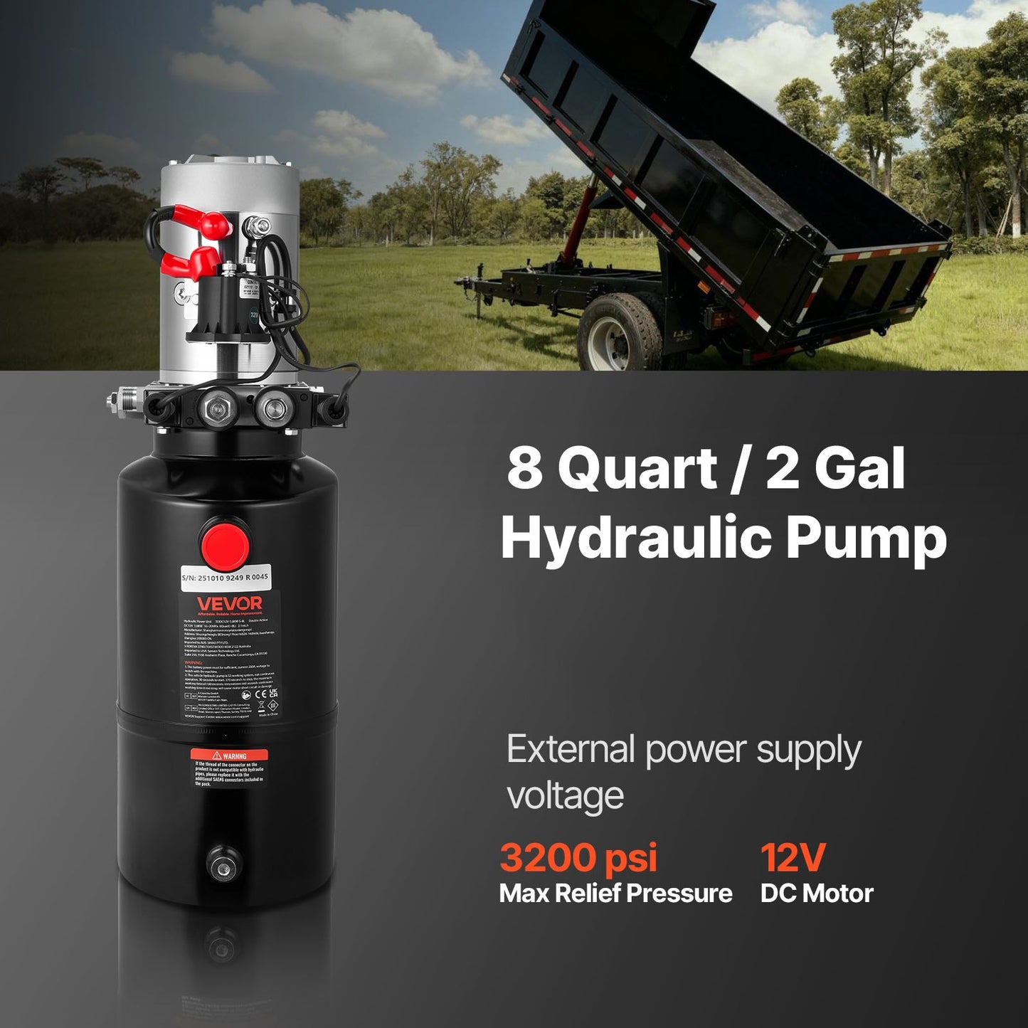 8 L Hydraulic Power Unit, Double Acting Dump Trailer Pump, 22 MPa Max Relief Pressure & 3.4 L/min Flow Rate, DC 12V Hydraulic Pump with Metal Reservoir for Dump Trailer Car Lifting