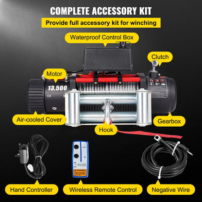 12V Electric Truck Winch, 6125Kg Capacity, with Remote & 24m Steel Cable