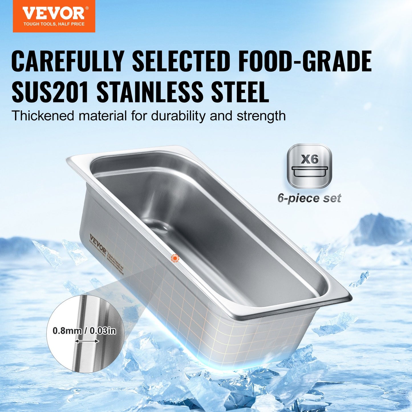 VEVOR 6 Pack Hotel Pans, 1/3 Size Anti-Jam Steam Pan, 0.8mm Thick Stainless Steel
