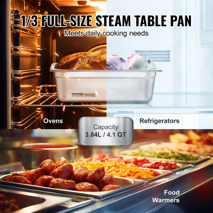 VEVOR 6 Pack Hotel Pans, 1/3 Size Anti-Jam Steam Pan, 0.8mm Thick Stainless Steel