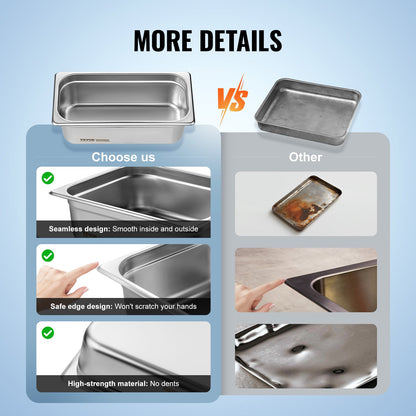 VEVOR 6 Pack Hotel Pans, 1/3 Size Anti-Jam Steam Pan, 0.8mm Thick Stainless Steel