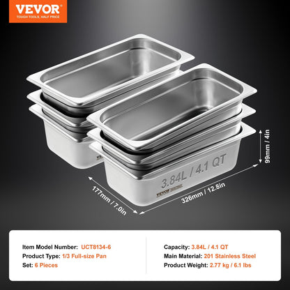 6 Pack Stainless Steel Hotel Pans, 1/3 Size, 0.8mm Thick, 4m Deep