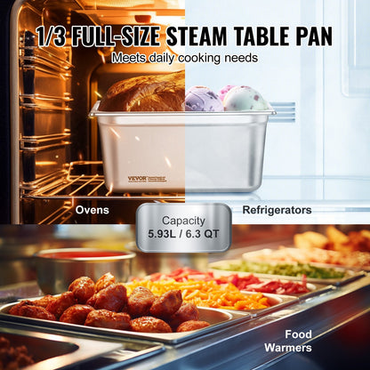 8-Pack Stainless Steel Hotel Pans with Lids, 1/3 Size, 6m Deep, 5.93L Capacity